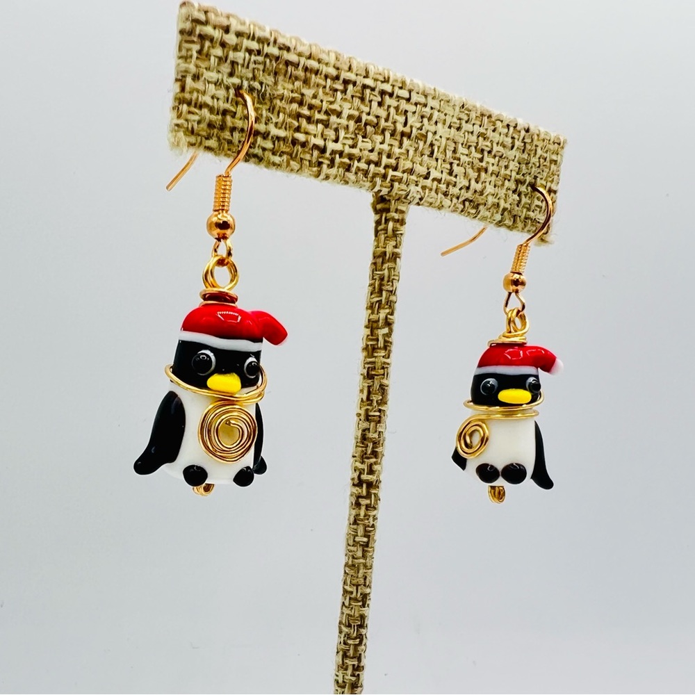 Artisan made glass lampwork Christmas penguin earrings wired art